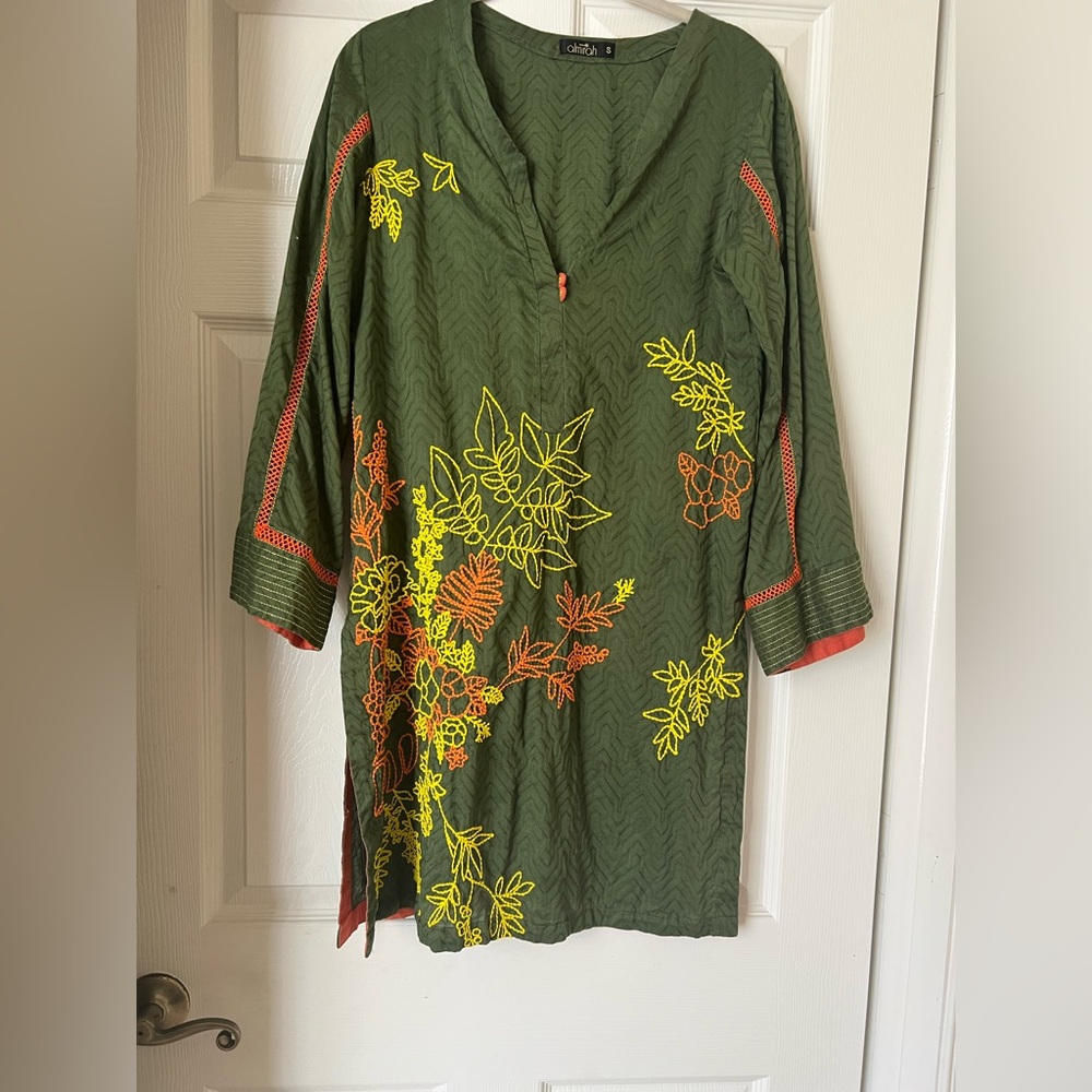 Amirah Olive Green Cotton Textured Embroidered  Tunic